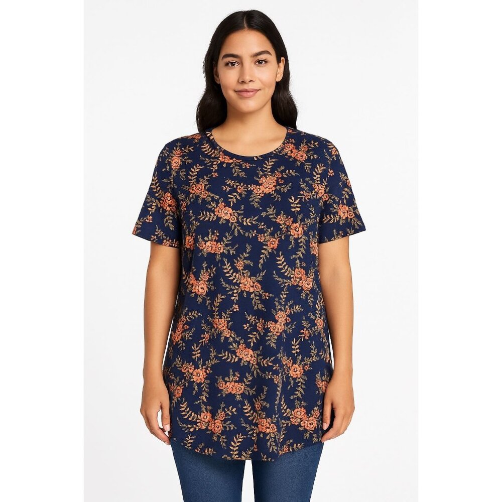 Lularoe Irma Short Sleeve T-Shirt Size XXS  Scoop neckline Floral Print Blue and
